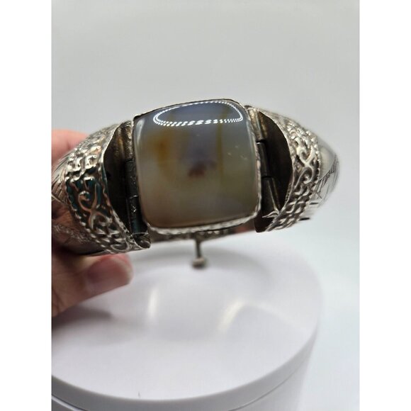Vintage Chunky Tribal Engraved Silver Hinged Agate Cuff Bracelet Rare Incredible - Picture 6 of 12
